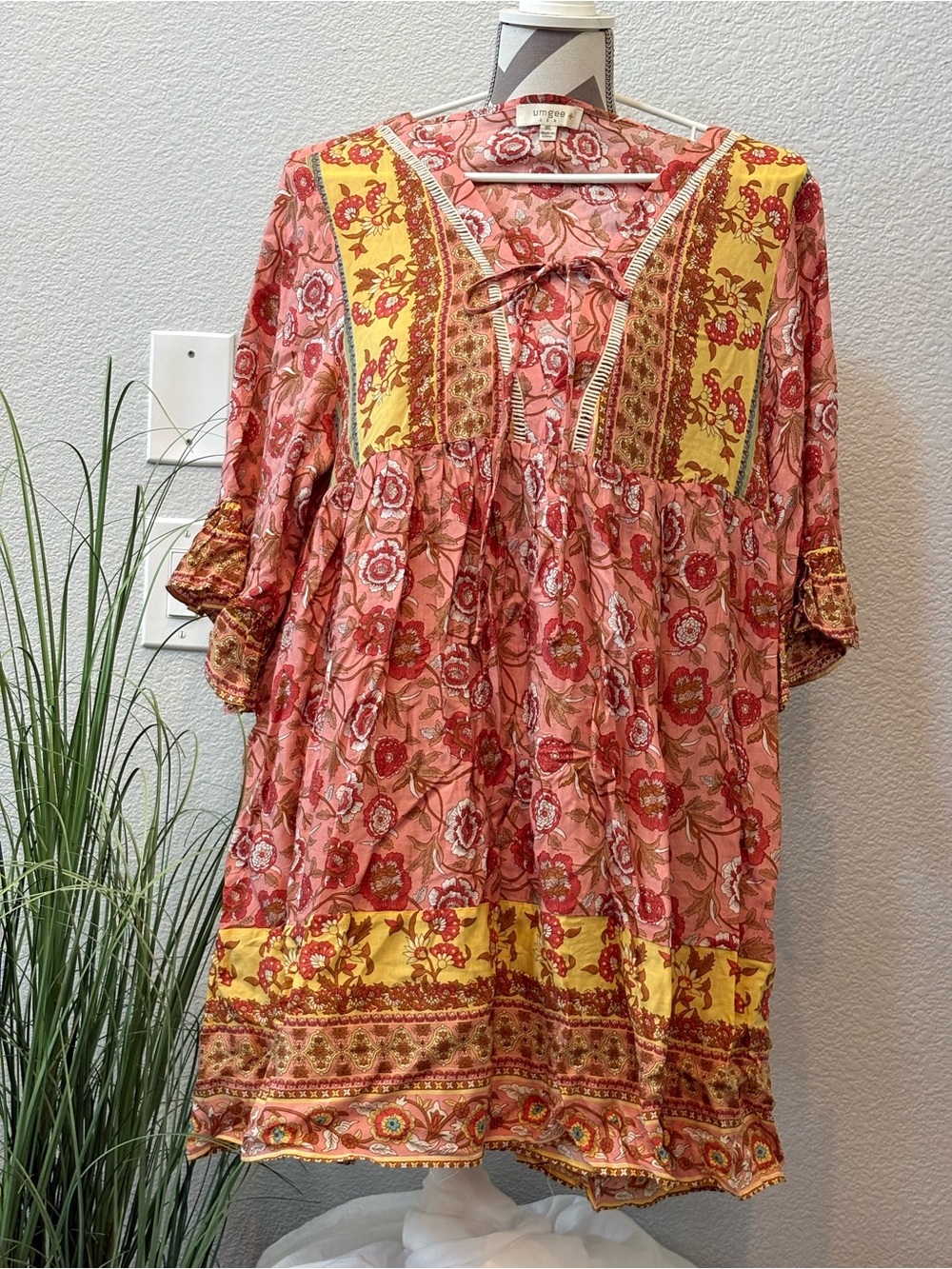 Umgee Pink Floral Mini Dress with Yellow Accent